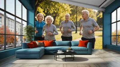 A group of elderly people jog together in a park. benefits of an active lifestyle and exercise for overall wellbeing in retirement. Health, fitness, jogging or aging related themes. Wall mural