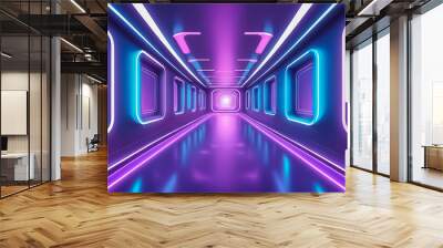 A long futuristic tunnel interior with glowing neon lights in shades of blue and purple, creating an abstract, sci-fi atmosphere. Technology, virtual reality, or energy concepts. Wall mural