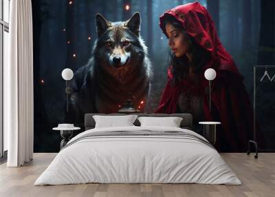 Fashion photography of a Little Red Riding Hood and big gray wolf Wall mural