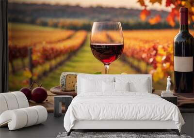 Wine and Cheese in Autumn Vineyard Wall mural