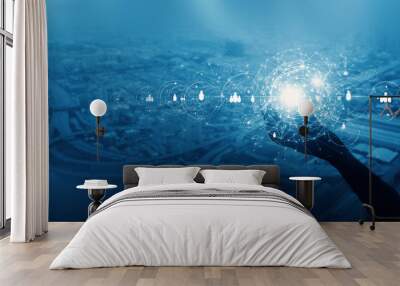 .Businessman hold global business network and data customer connection, Social network and data exchange of technology, digital marketing, customer retention, customer relationship. blue tone. Wall mural