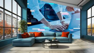 .Businessman working on marketing plan together and using laptop analyzing data of growth graph financial and investment for success, Teamwork, Business strategy and planning, Blue tone. Wall mural