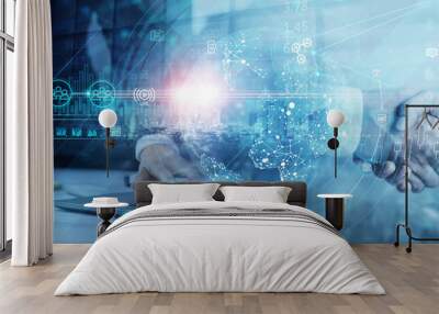 .Digital online marketing, Businessman use laptop and analysis sale data economic growth on global digital business network, Business strategy and planning, Data exchange, Partner and Teamwork. Wall mural