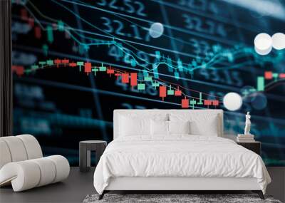 .LED display stock market numbers and graph Stock market chart and data on dark blue background Wall mural