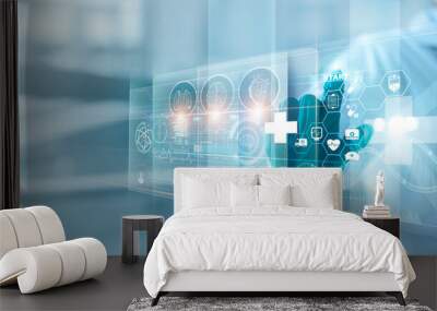 .Medicine doctor touching and diagnose electronic medical record of patient on interface. DNA. Digital healthcare and network on modern virtual screen, medical technology and futuristic concept. Wall mural