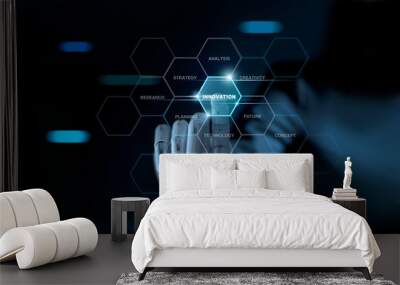 Abstract futuristic, Businessman mechanical robotic arm touching word innovation on virtual screen interface. AI, futuristic technology concept. Wall mural