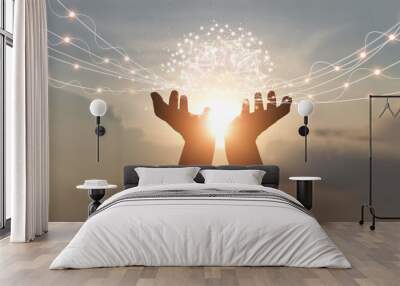 Abstract palm hands holding global network connections, innovative technology in science and communication concept. Wall mural