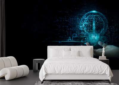 AI, Machine learning, hand holding a big data network, Brain data creative of Ai in light bulb, AI adoption for working, Science and artificial intelligence technology, innovation for futuristic. Wall mural