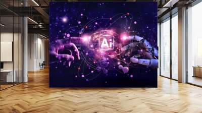 AI, Machine learning, Hands of robot and human touch big data brain of Global network connection, Internet and digital technology, Science and artificial intelligence digital technologies of future. Wall mural