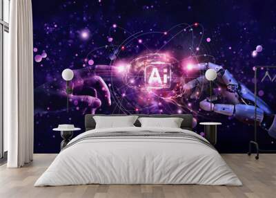 AI, Machine learning, Hands of robot and human touching on big data network connection, Data exchange, deep learning, Science and artificial intelligence technology, innovation of futuristic. Wall mural