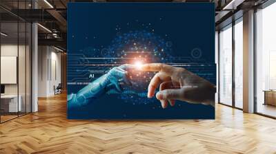 AI, Machine learning, Hands of robot and human touching on big data network connection background, Science and artificial intelligence technology, innovation and futuristic. Wall mural