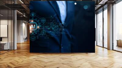 Ai technology, Artificial Intelligence. Businessman using technology smart robot AI and enter command prompt of data serching for business and marketing, Analyze customer, Chat bot Technology. Wall mural