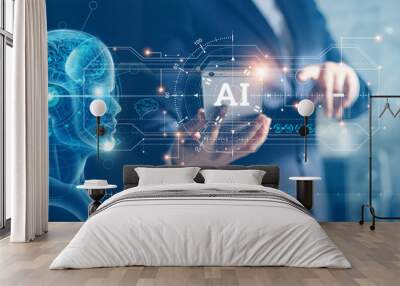 Artificial Intelligence and machine learning, AI, Businessman use data of robots on smartphone to control business network connection and data exchange, Technology innovation for the future Wall mural