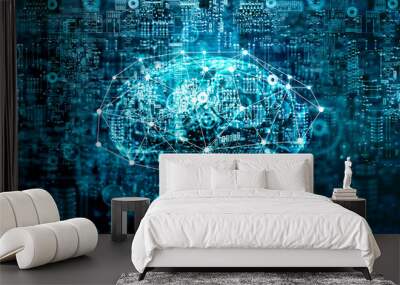 Artificial Intelligence digital Brain future technology on motherboard computer. Binary data. Brain of AI. Futuristic Innovative technology in science concept Wall mural