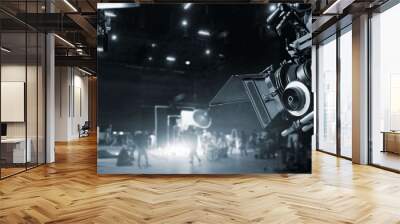 Behind the scenes of making of movie and TV commercial. Film Crew .B-roll. Camera of movie and video production and crew team in studio and set. Black and white. Wall mural