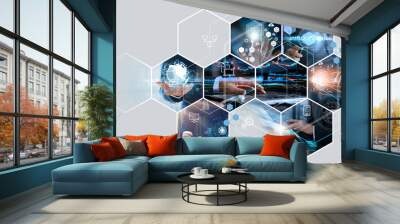 Business and economic growth on global business network, Data analysis of financial and banking, Customer service, Technology and data connection, Teamwork, Business strategy and Digital marketing. Wall mural