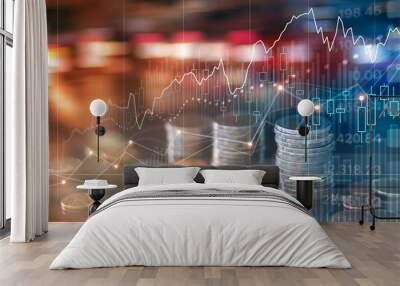 Business graph and rows of coins growth for finance and business concept, stock market and currency exchange, Abstract and symbol on colorful background. Wall mural