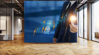 Business growth, Progress and success, Creativity, Big idea and inspiration of business, Businessman holding light bulbs with interface stock market graph chart on global network blue background. Wall mural