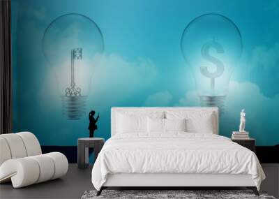 business woman with key and dollar signs in light bulbs Wall mural