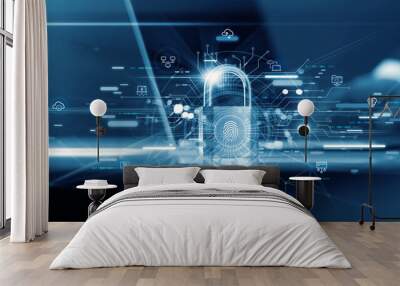 Businessman and fingerprint scanning unlock and access to business data network. Cloud. Biometric identification and cyber security protect business transaction from online digital cyber attack. Wall mural