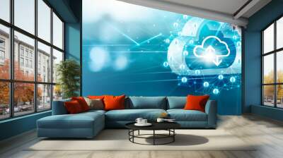 Businessman drawing structure customer global network on cloud computing and data exchanges connection on blue background Wall mural