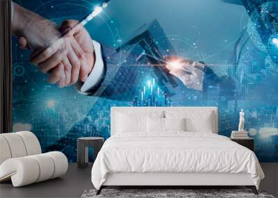 Businessman handshake for success deal in business merger and acquisition, development opportunity achievement as business partnership and consolidate growth capacity organization and teamwork. Wall mural