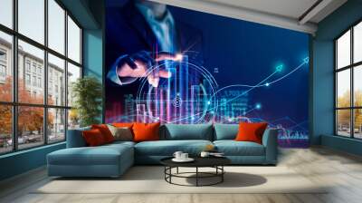 Businessman touch growth graph and progress of business and analyzing financial and investment data ,business planning and strategy on city background. Wall mural