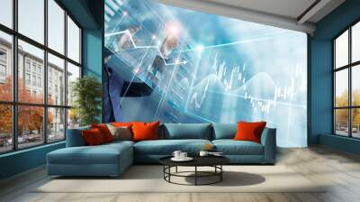 Businessman touching finance growth and graph chart analysing diagram sale data, stock market and currency exchange on virtual interface. Wall mural