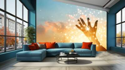 Businessman touching icon customer in hand with global network connection and data exchanges worldwide on city sunset background. Networking and technology concept Wall mural