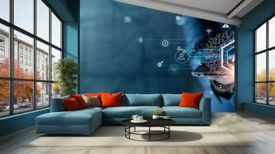 Businessman touching the brain working of Artificial Intelligence (AI), Future of businesses and organizations global is powered by AI smart, Analyze data and synchronize on network connection. Wall mural