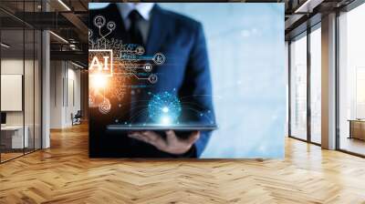 Businessman touching the brain working of Artificial Intelligence (AI) in the futuristic business and coding software development on interface and synchronize network connection, IoT, innovative Wall mural