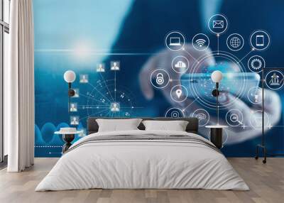 Businessman using mobile smartphone and icon network connection data with growth graph customer, digital marketing, banking and payment online, analysis and planning of business. Wall mural