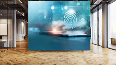 Businessman using tablet and fingerprint scanning unlock and access to business data network. Biometric identification and cyber security protect business transaction from online digital cyber attack. Wall mural