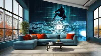 Cyber Attack concept, Cyber crime hacker on circle global network with lock icon and shield inside, a code digital on dark background Wall mural