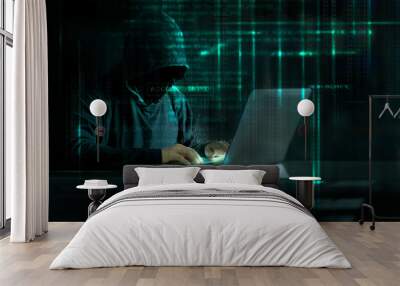 Cyber Attack Hacker using computer with code on interface digital dark background. Security System and Internet crime concept. Wall mural