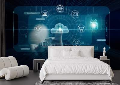 Cyber security concept, Hand touching cloud computing and icon network connnection on virtual screen ,icon lock, technology and data protection. Wall mural