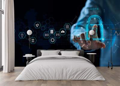 Data protection privacy concept. GDPR. EU. Cyber security network. Business man protecting data personal information on tablet. Padlock icon and internet technology networking connection.  Wall mural