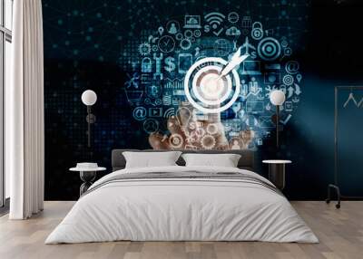 Digital marketing. Businessman touching darts aiming at the target center with icon network connection. Business goal and technology concept Wall mural