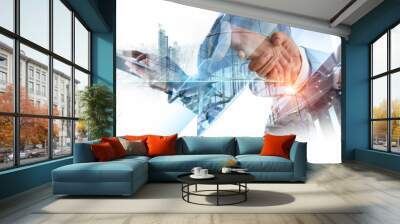 digital technology, business network connection, teamwork, deal, partnership and data exchange, inve Wall mural