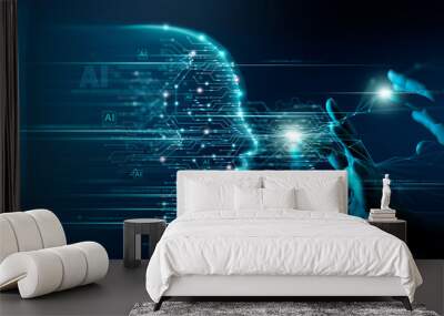 Digital transformation conceptual for next generation technology era, AI, Machine learning. Hands touching the AI big data structure, Digital data network connections, Data transformation. Innovation Wall mural