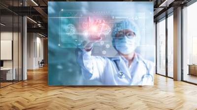 doctor, surgeon analyzing patient brain testing result and human anatomy on technological digital fu Wall mural