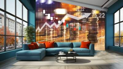 Finance and business concept. Investment graph and rows growth and of coins on table Wall mural