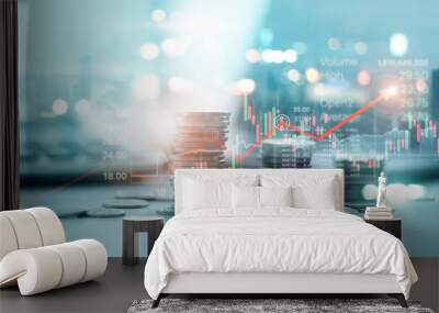 Financial data on a city background. Stack of coins with stock market graph chart background. Idea for banking, financial investment and business growth in world economic development from crisis. Wall mural