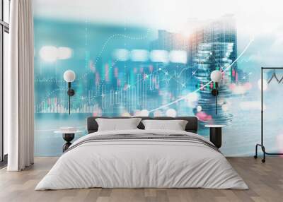 Financial investment concept, Stack of coins for finance investor with  trading graph growth, Banking and  financial and investment, Digital economy and cryptocurrency on city background. Wall mural