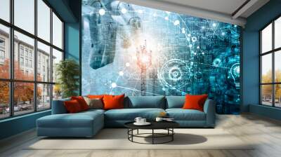 Futuristic technology concept, Mixed media, Innovations data systems connecting people and robots devices. AI, Artificial Intelligence, Robotic hand on blue circuit board background. Wall mural