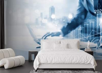 Goal of business new year in 2023, Investor, Businessman analysis economic and calculates financial data and target for long-term investments and profitability in future on digital data network. Wall mural