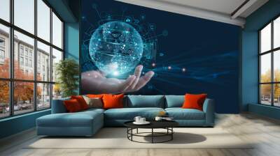 Hand holding globe with network connecting data of digital technology, cloud computing and ai artificial intelligence develop smart information transformant and global business development. Wall mural