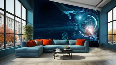 Hand touch AI banking network connecting with artificial intelligence technology to develop financial product in currency exchange, stock market trading and investment. Fintech innovation development. Wall mural