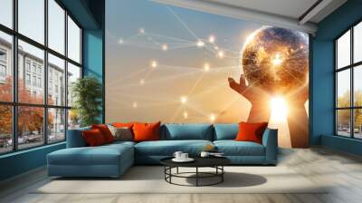 Hands holding global network and data customer connection, Digital marketing, Social Media, Internet business, Social networking and communication network on worldwide. Wall mural