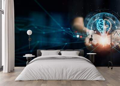 Hands with light bulb of Inspiration bright idea and creative thinking energetic on digital network, Innovation and inspiration with creativity mind. Wall mural